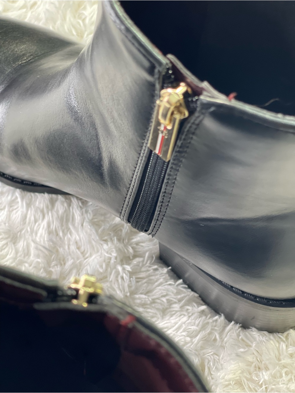 Tommy Hilfiger Black Leather Ankle Booties with Gold Zip Pull